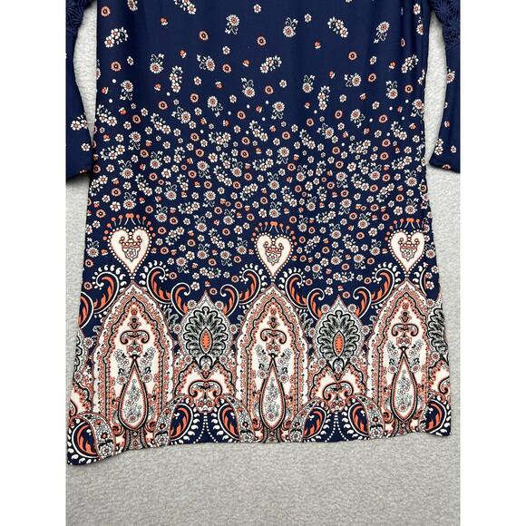 Luxology Shift Swing Dress Womens Size 4 Navy Crochet Paisley Print Bell Sleeves - Picture 4 of 12